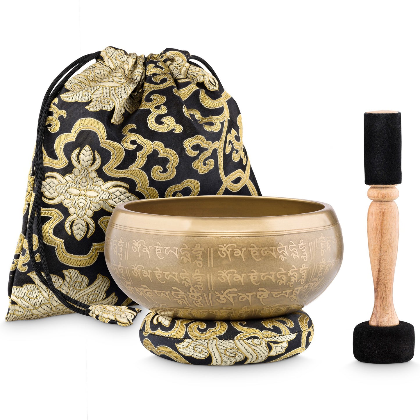 Bol chantant tibétain 13,5 cm – Motifs sanskrit & symbole OM en relief | Set complet